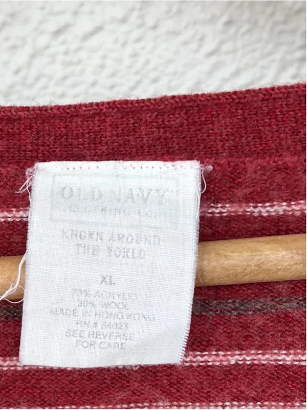 VTG Old Navy Red Striped V Neck Button Cardigan Sweater Wool Blend Prep Academia - Image 5