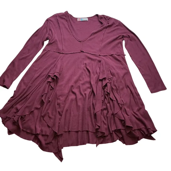 Free People Beach Womens Small Ruffle Tunic Top Long Sleeve Berry Wine V-Neck - Image 4