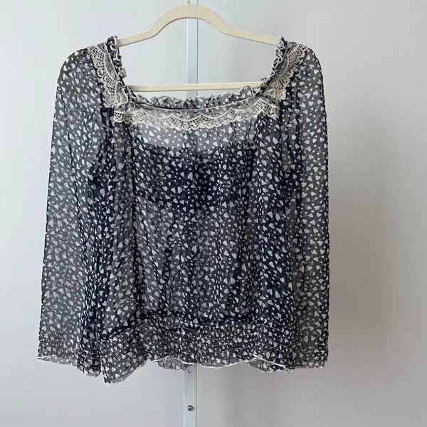 Do & Be Heart Print Lace Trim Babydoll Coquette Fairy Sheer Blouse S Navy - Image 3