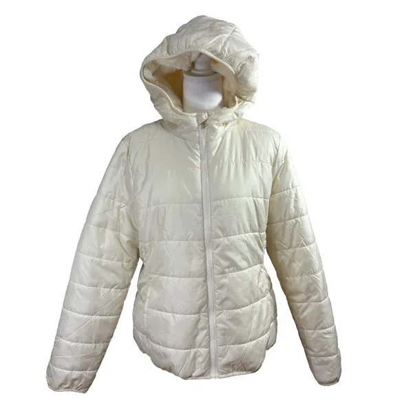 Ci Sono Puffer Jacket Ivory Sherpa Lined Hooded Quilted Winter Coat Minimalist L - Image 2
