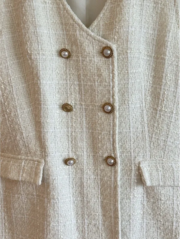 Zara Tweed Double Breasted Mini Dress Ivory Pearl Buttons Size M - Image 7
