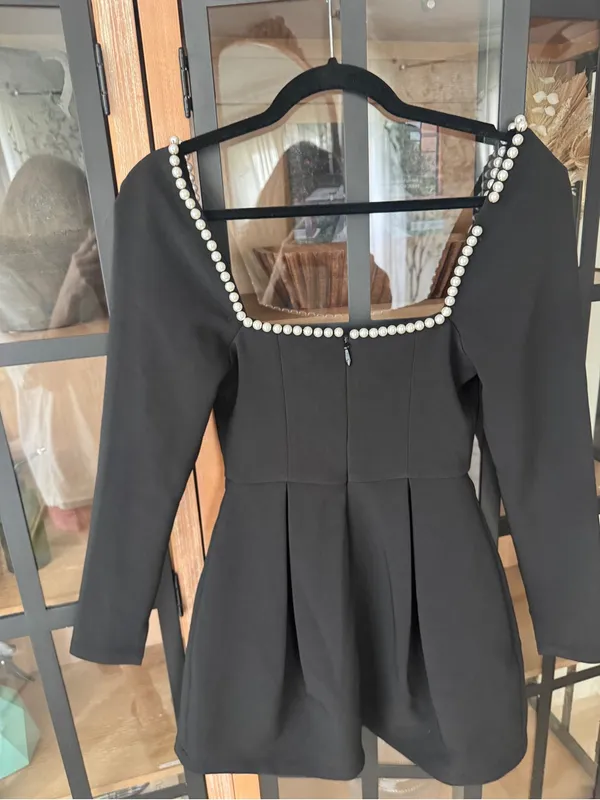 Odd Muse London Pearls Mini Dress Black square neck long sleeve - Image 6