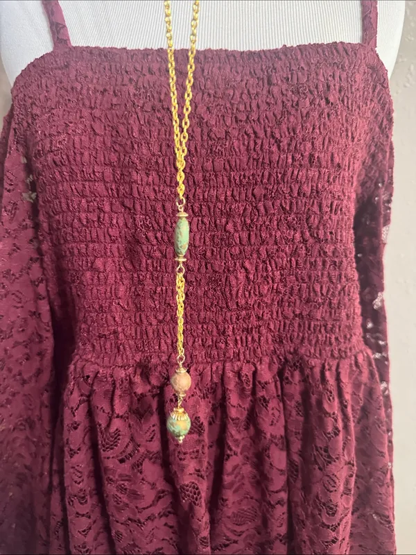 Vintage Gold-Tone Long Pendant Necklace with Turquoise Beads - Women Jewelry - Image 6