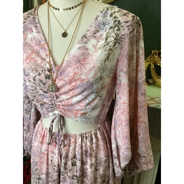 Entro Pink Floral Cutout Maxi Dress Balloon Sleeve V-Neck Boho D17638‎ Small - Image 2