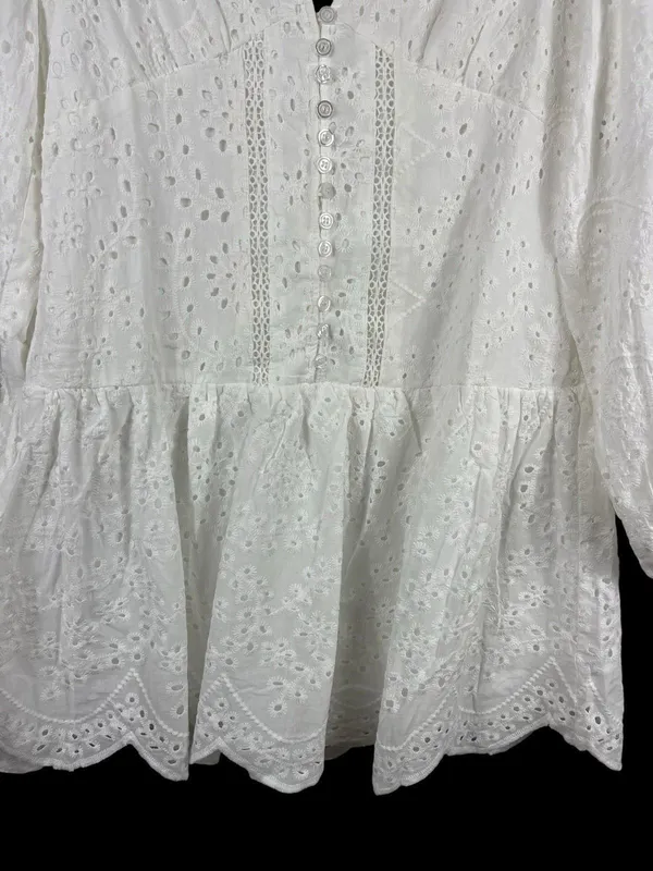 CIEN White Eyelet Button Babydoll Mini Dress M V-Neck Long Sleeve Cottagecore - Image 5