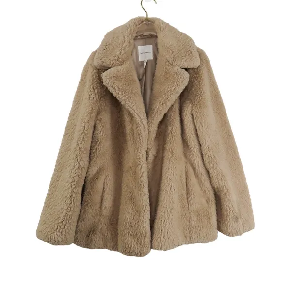 Avec Les Filles Tan Dove Brown Faux Fur Coat Size Small Notch Collar - Image 4
