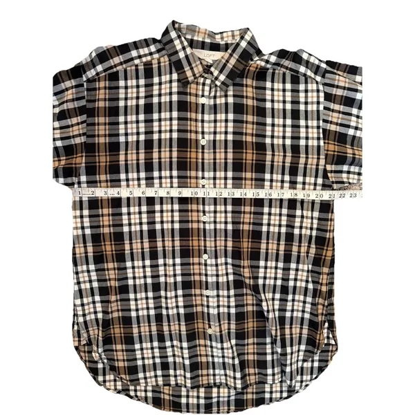 LOFT Womens M Plaid Button Front Shirt Long Sleeve Autumn Fall Cream Brown Black - Image 10