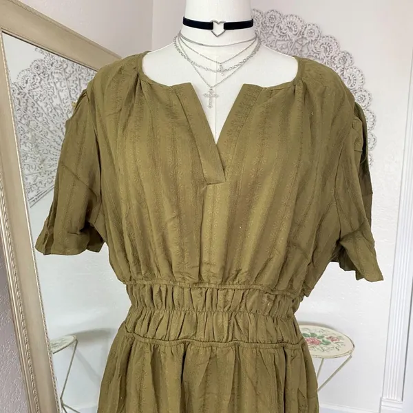 Chicwish Notch Neckline Floret Eyelet Shirred Cotton Dress in Olive XXL - Image 2