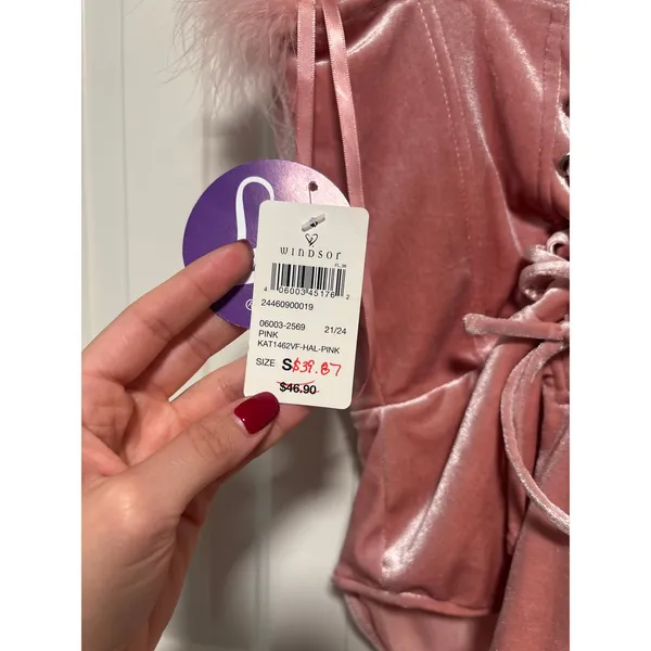 Windsor Pink Velvet Feather Trim Bodysuit Size S - Image 6