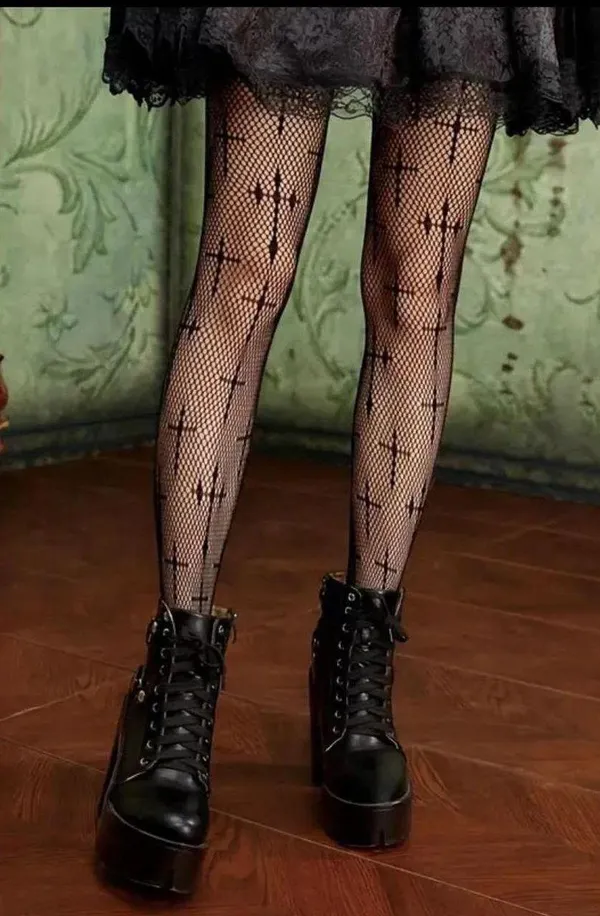 Cross Pattern Fishnet Tights, Hollow Out High Waist Mesh Pantyhose, Women's Stockings & Hosiery One Size 100% Polyester - Image 6