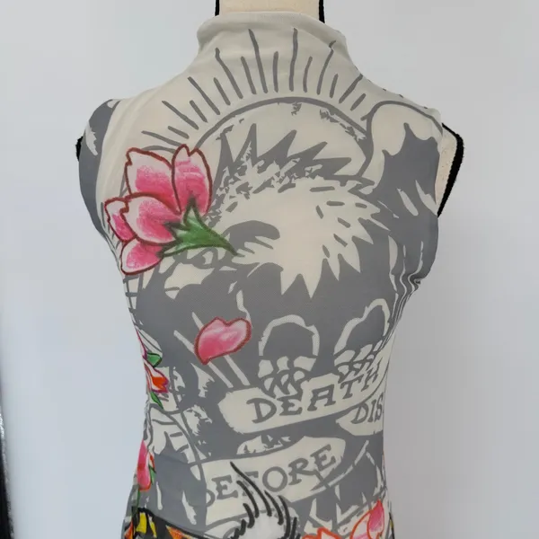 Ed Hardy Tattoo Tiger Mesh Maxi Dress Y2K Grunge Cyber Mock Neck Bodycon Size S - Image 6