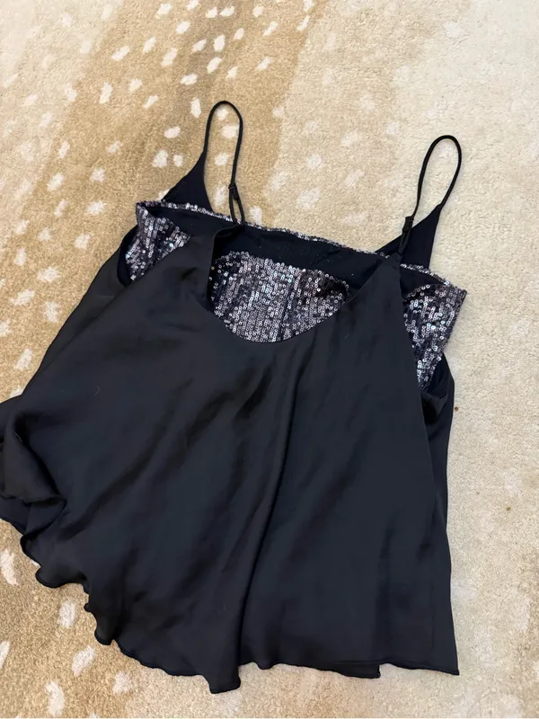 Free People Turn It On Cami Black Sequin Layered Tank Top Size M OB1064843 - Image 5
