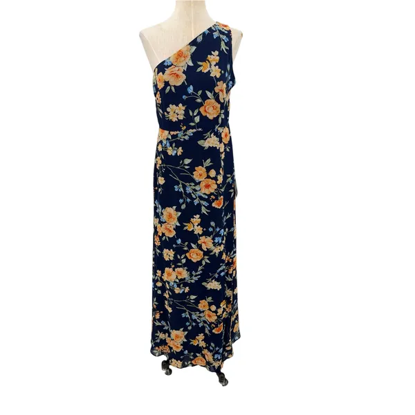Lulus Elegant Admiration Floral One Shoulder Maxi Dress Navy Blue Size M NWT - Image 3