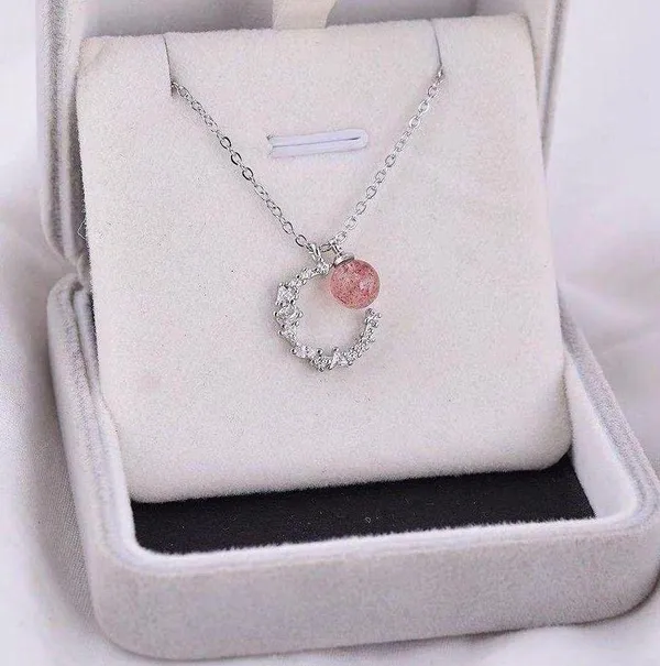 925 crescent strawberry crystal necklace women's high-end light luxury 2023 new style peach blossom clavicle chain ins lettering - Image 7