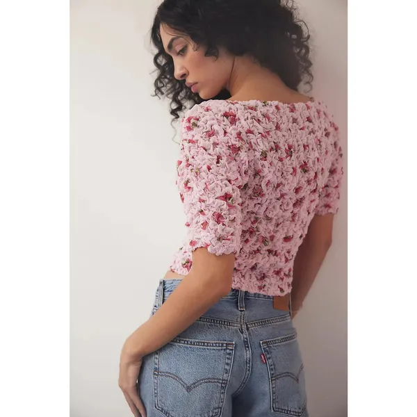 NWOT Free People Pink Floral Rosie Posie Smocked Cropped Y2K Feminine Top S - Image 2