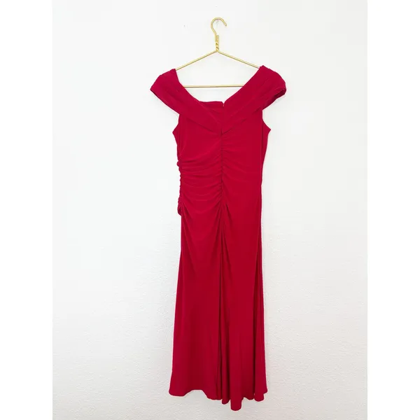 Ieena Mac Duggal Ruched Red Off-The-Shoulder Midi Dress Size 6 Cocktail Wedding - Image 14