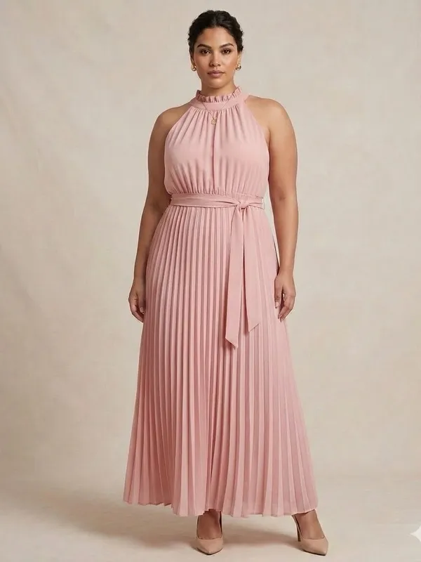Pleated Pink Halter Maxi Dress womens XL - Image 2