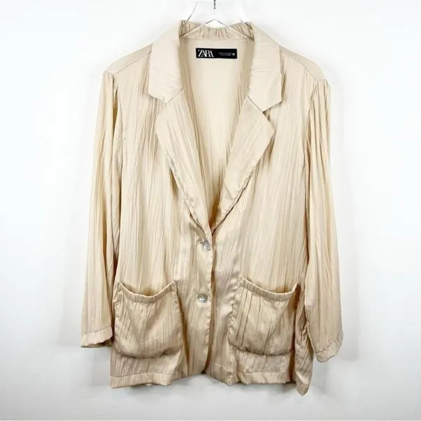 ZARA‎ Satin Crinkle Lightweight Blazer Women's Size S Cream Quiet Luxury - Image 2