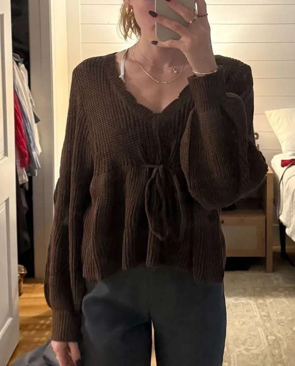 Women's Plain Drawstring Tie Front Scallop Trim Crop Knit Top Brown Size M - Image 3