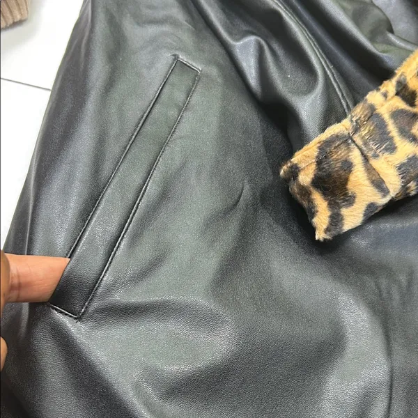 Leopard Print Lined Black Bomber Jacket Size L - Image 13