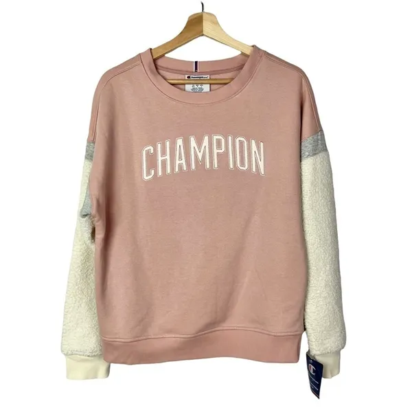 Champion Heritage Sherpa Sleeve Light Pink Crewneck Pullover‎ M - Image 2