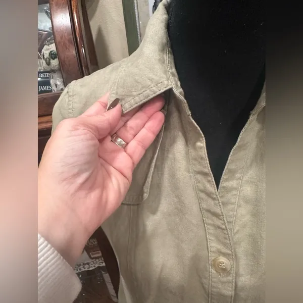 Anne Klein A-Line 100% Linen Safari Shirt Dress Khaki Green Utility Midi Size 4 - Image 8