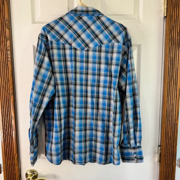 Wrangler Western Snap Shirt Plaid Long Sleeve Cowboy Blue White‎ Silver Treaded - Image 6
