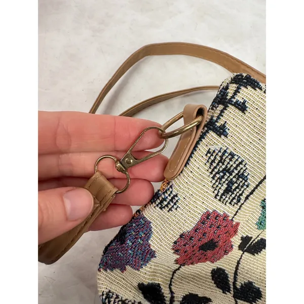 Floral Tapestry Bucket Bag Drawstring Crossbody Tan Faux Leather Trim Boho - Image 5