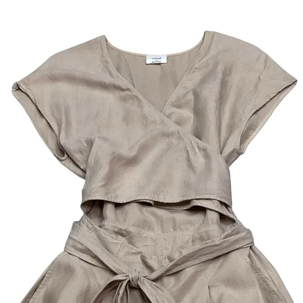Aritzia Wilfred Brax Jumpsuit Beige Size 8 Linen Blend Wide Legs Wrap Front Tie Waist - Image 3