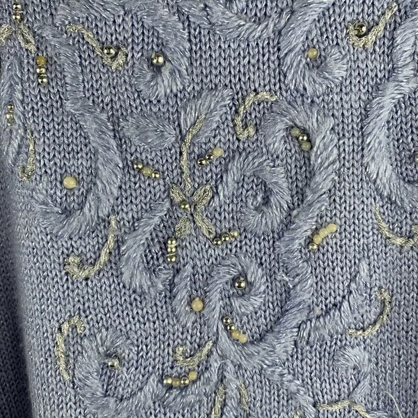 Vintage 90s Jaclyn Smith M Sweater Beaded Embroidery Mock Neck Periwinkle Blue - Image 4