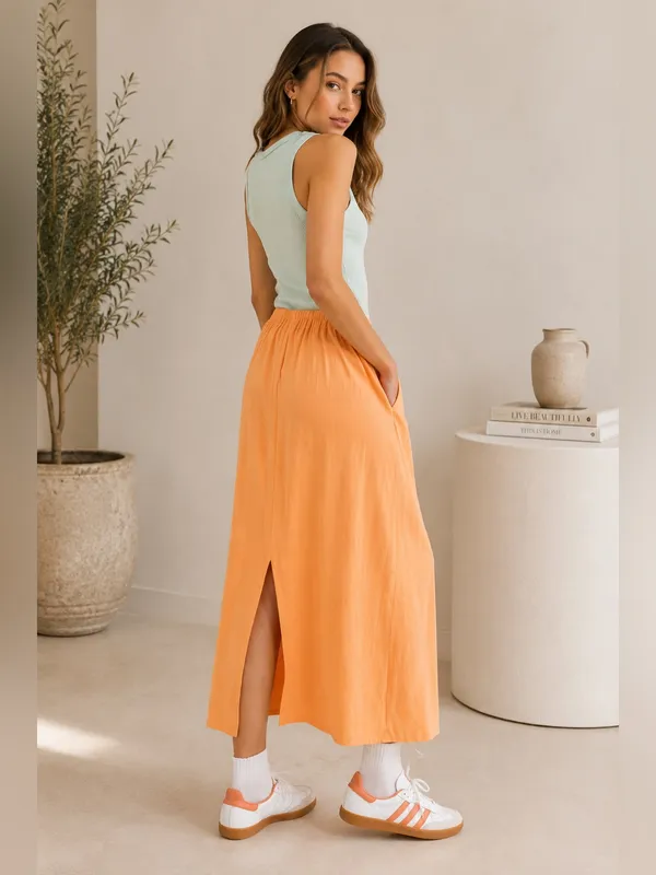 HYFVE Boutique Linen Blend Maxi Skirt Side Slit Drawstring Resort S - Image 3