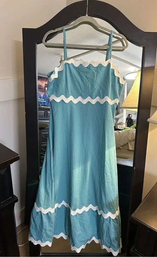 NEW Sleeveless Spaghetti Strap Smocked Rickrack Midi Dress L - Image 3