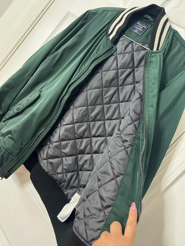 Abercrombie & Fitch Mens M Green Varsity Bomber Jacket Ribbed Collar Zip Up - Image 4