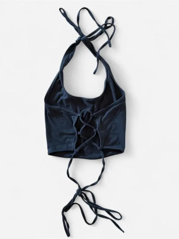 Shein lil black strappy neck tie Halter Cami Top with back lace- up closure xs - Image 2