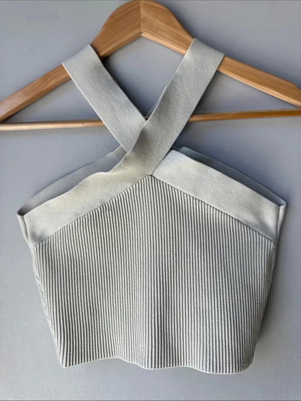 Aritzia Babaton Sculpt Knit Criss Cross Cropped Tank Cement Blue Gray - Image 3
