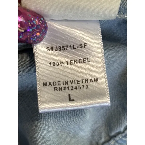 ID:23 Soft Denim Elastic Hem Ruffle Sleeveless Crop Shirt Size Large - Image 7