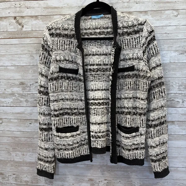 J McLaughlin Womens S Cardigan Open Sweater Tweed Knit Black & White Pockets - Image 2