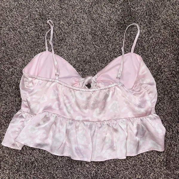 Blue Blush pink satin top with white leopard print, size S - Image 3