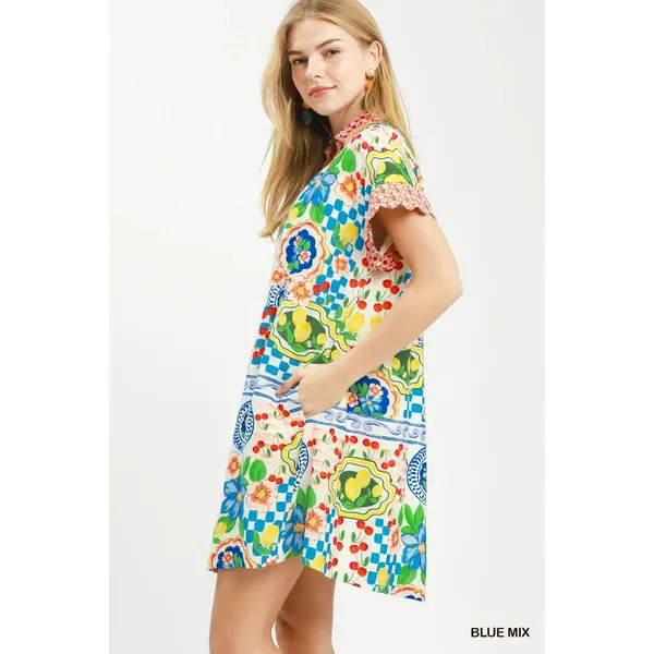 Umgee Mediterranean Print Dress with Contrast Printed Trim - Blue Mix - Small - Image 2