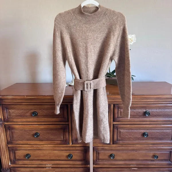 Sézane Enola Dress Light Camel Mohair Wool Belted Mini Dress M NWT - Image 2