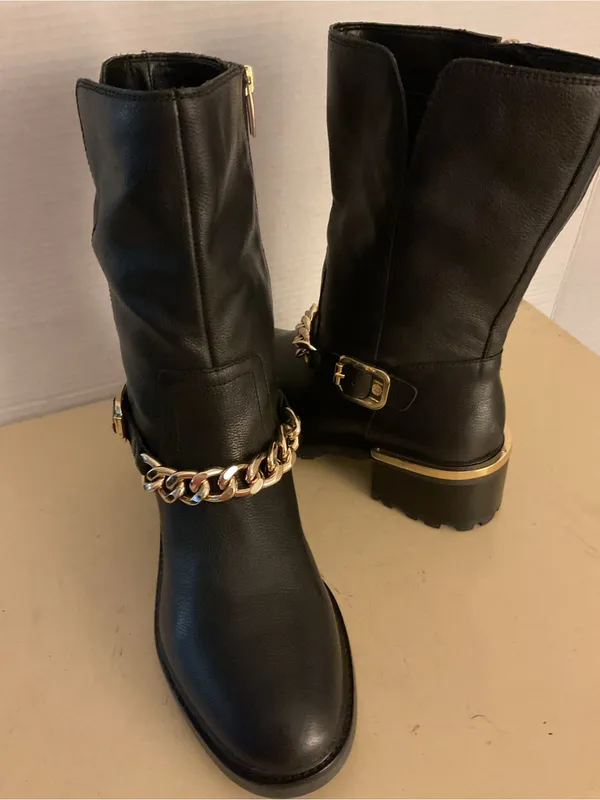 Vince Camuto women Black Leather biker moto Mid-Calf with Gold Chain boots US 8 - Image 2
