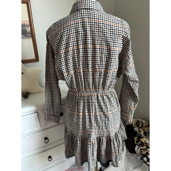 Plaid Mini Shirt Dress Gingham Ruffle Hem Button Down Long Sleeve Tiered Casual - Image 5