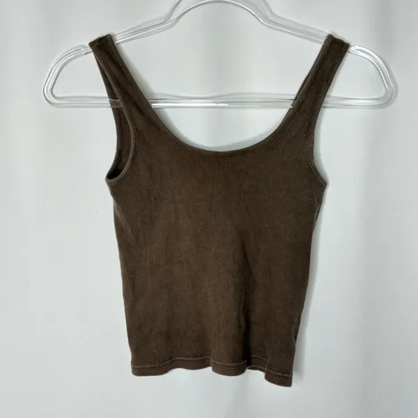 John Galt Brown Ribbed Knit Crop Tee Shirt Notched Neckline One Size (XS-S) - Image 4