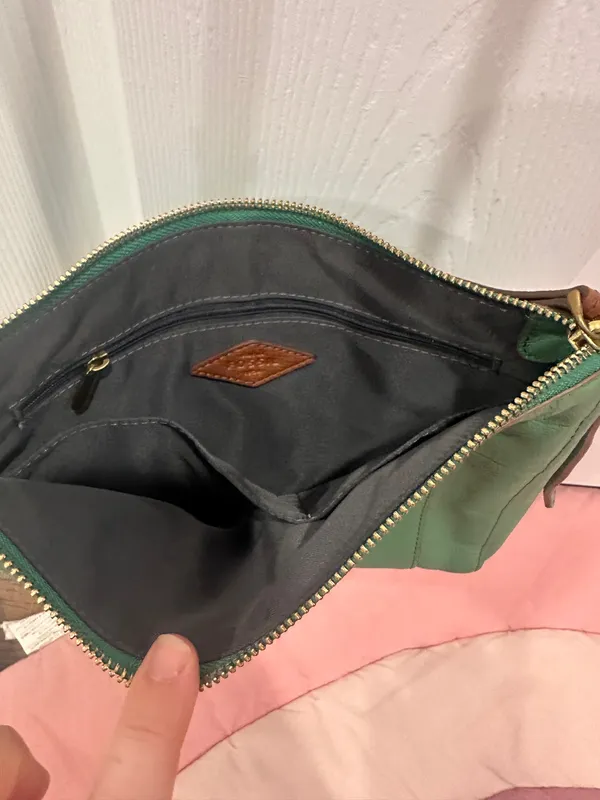 Fossil Green Pebbled Leather Crossbody Bag - Adjustable Strap Multi-Pocket - Image 3