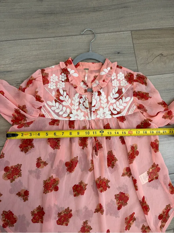 Free People Pink Red Patricia Floral Embroidered Sheer Long Sleeve Boho Blouse M - Image 8