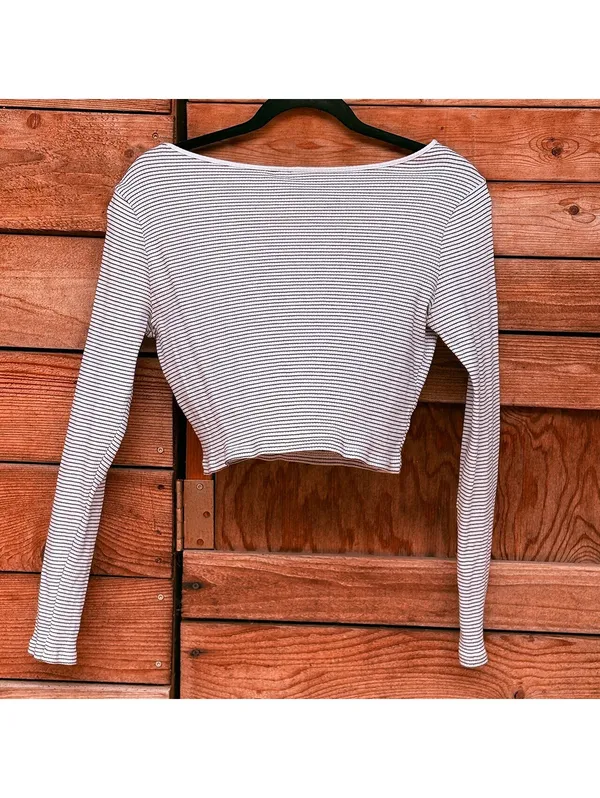 Striped Long Sleeve Cropped Top White Size M - Image 2
