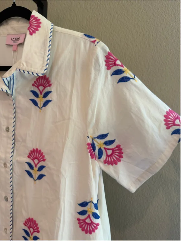 Women's Entro Button Down Embroidered Shirt Dress in White Size S - Image 5