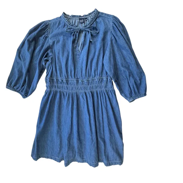 Gap Denim Dress Womens XXL Blue Cotton Ruffle Neck Tie Smocked Waist Long Sleeve - Image 9