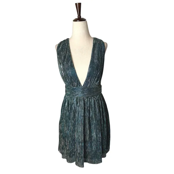 Lulus Ailey Skater Dress Women Small Teal Blue Gold Metallic Mini Party Prom - Image 2