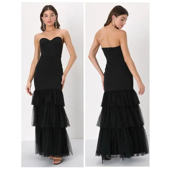 Lulus Dramatic Fanatic Black Strapless Tulle Trumpet Maxi Dress Size Small NWT - Image 2